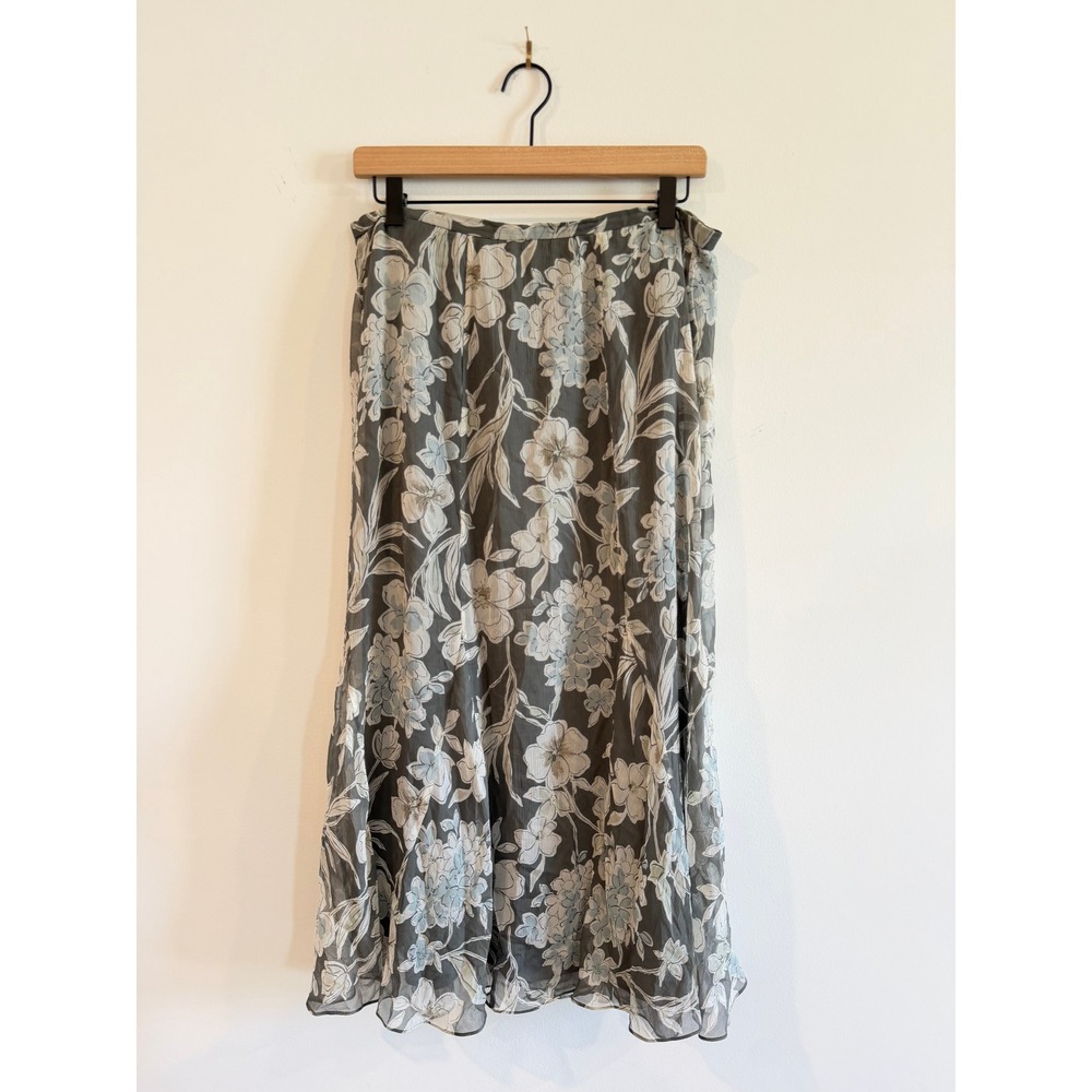 Charter Club Silk Floral Midi Skirt Grey Blue White Size 10 A-Line Lined